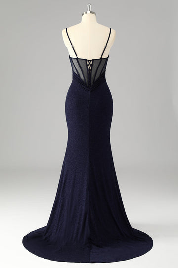 Robe De Soirée longue sirène à bretelles spaghetti bleu marine scintillante avec fente